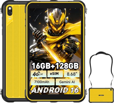 Ulefone Rugking Pad Pro 4G Rugged Tablet(Built-in eSIM), Android 16, 16GB+128GB Octa Core, 7100mAh 8.68" Corning Display 860nits Brightness, 16MP+8MP Dock Charging, IP68/69K, 133LM Super Torch, Yellow in Saudi Arabia