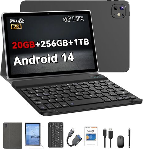جهاز لوحي Crelander 10.1 بوصة يعمل بنظام Android 14 مع فتحة لبطاقة SIM اتصال 4G LTE، 20 جيجابايت + 256 جيجابايت، شاشة لمس 1920x1200 IPS، كاميرا مزدوجة، بلوتوث/واي فاي، حزمة مع حافظة ولوحة مفاتيح وماوس وقلم (رمادي أسود) in Kuwait