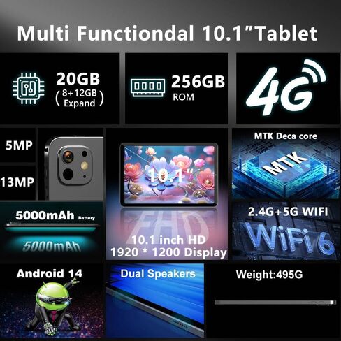 جهاز لوحي Crelander 10.1 بوصة يعمل بنظام Android 14 مع فتحة لبطاقة SIM اتصال 4G LTE، 20 جيجابايت + 256 جيجابايت، شاشة لمس 1920x1200 IPS، كاميرا مزدوجة، بلوتوث/واي فاي، حزمة مع حافظة ولوحة مفاتيح وماوس وقلم (رمادي أسود) in Kuwait