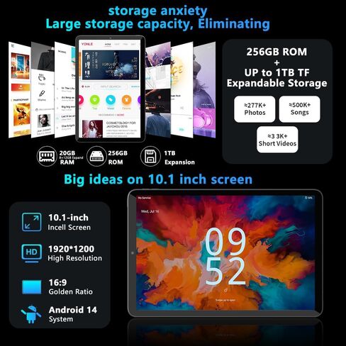 جهاز لوحي Crelander 10.1 بوصة يعمل بنظام Android 14 مع فتحة لبطاقة SIM اتصال 4G LTE، 20 جيجابايت + 256 جيجابايت، شاشة لمس 1920x1200 IPS، كاميرا مزدوجة، بلوتوث/واي فاي، حزمة مع حافظة ولوحة مفاتيح وماوس وقلم (رمادي أسود) in Kuwait