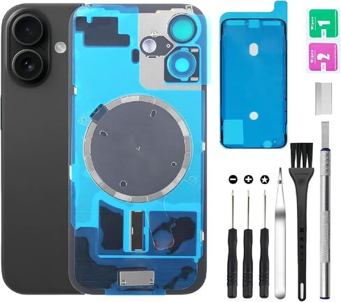 Rear Back Cover Glass Replacement for iPhone 16 Back Glass + Camera Lens + Magnet + Iron Piece Holder with Repair Tool Kit (Black) in Saudi Arabia