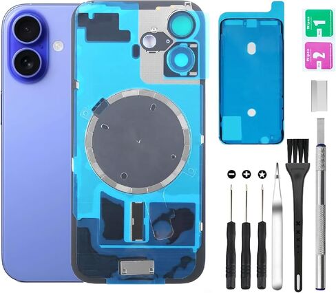 Rear Back Cover Glass Replacement for iPhone 16 Back Glass + Camera Lens + Magnet + Iron Piece Holder with Repair Tool Kit (Black) in Saudi Arabia