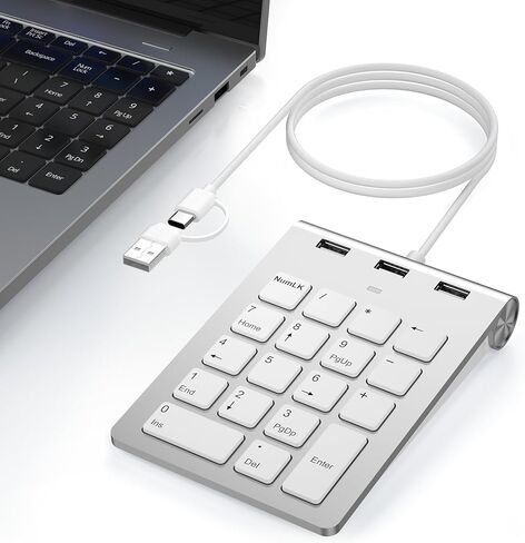 لوحة مفاتيح رقمية سلكية مع USB-C وUSB-A - لوحة أرقام ذات 18 مفتاحًا، محور USB 2.0 مدمج بثلاثة منافذ، لوحة أرقام مريحة 15 درجة لأجهزة الكمبيوتر المحمول، سطح المكتب، السطح، iPad - التوصيل والتشغيل لنظام التشغيل Windows، macOS، Chrome OS in Saudi Arabia