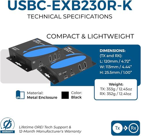 موسع OREI 4K HDBaseT 3.0 USB-C KVM - 230 قدمًا فوق Cat6a/7، 18 جيجابت في الثانية، HDR، USB 2.0، RS-232، PoC in Kuwait