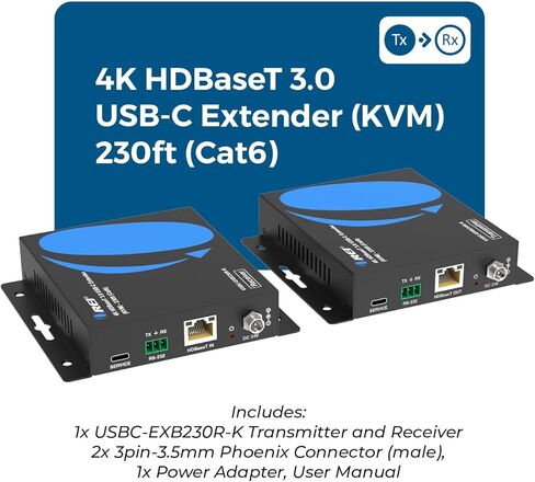 موسع OREI 4K HDBaseT 3.0 USB-C KVM - 230 قدمًا فوق Cat6a/7، 18 جيجابت في الثانية، HDR، USB 2.0، RS-232، PoC in Kuwait