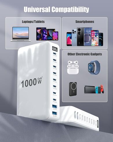 USB C Charger 1000W USB C Charger Block,Upgraded GaN IV 10-Port Charging Station Hub,Travel Essentials 140W Fast Charging Laptop Adapter for MacBook Pro/Air,DELL,Steam Deck,iPhone 17/16,Galaxy S25/24 in Saudi Arabia