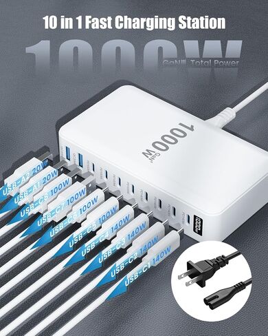 USB C Charger 1000W USB C Charger Block,Upgraded GaN IV 10-Port Charging Station Hub,Travel Essentials 140W Fast Charging Laptop Adapter for MacBook Pro/Air,DELL,Steam Deck,iPhone 17/16,Galaxy S25/24 in Saudi Arabia