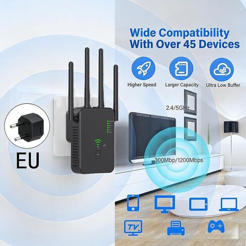 معزز إشارة موسعات WiFi - AC1200 ونطاق مزدوج 5 جيجا هرتز/2.4 جيجا هرتز، معزز WiFi مع منفذ إيثرنت للمنزل يغطي مساحة تصل إلى 10000 قدم مربع (الاتحاد الأوروبي-أسود) in Saudi Arabia