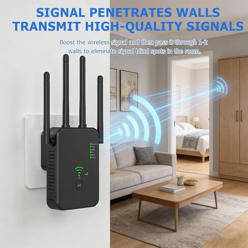 معزز إشارة موسعات WiFi - AC1200 ونطاق مزدوج 5 جيجا هرتز/2.4 جيجا هرتز، معزز WiFi مع منفذ إيثرنت للمنزل يغطي مساحة تصل إلى 10000 قدم مربع (الاتحاد الأوروبي-أسود) in Saudi Arabia