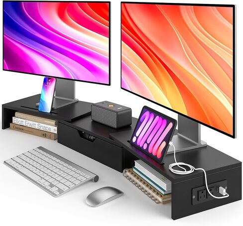 حامل شاشة مزدوج Elephance مع منافذ USB، حامل شاشة كمبيوتر خشبي مع درج، رف مكتب قابل للتعديل، منظم مكتب للكمبيوتر والكمبيوتر المحمول، لا يتطلب تجميع، أسود in Saudi Arabia