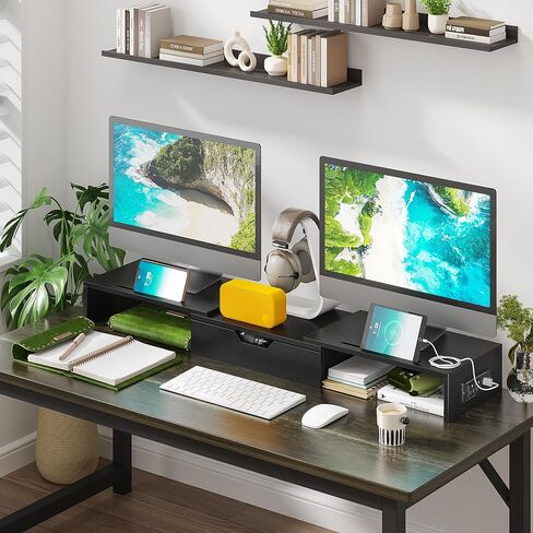 حامل شاشة مزدوج Elephance مع منافذ USB، حامل شاشة كمبيوتر خشبي مع درج، رف مكتب قابل للتعديل، منظم مكتب للكمبيوتر والكمبيوتر المحمول، لا يتطلب تجميع، أسود in Saudi Arabia
