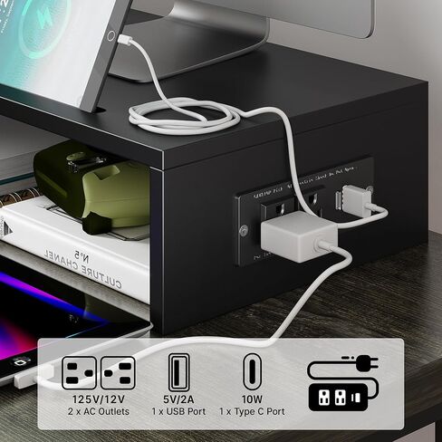 حامل شاشة مزدوج Elephance مع منافذ USB، حامل شاشة كمبيوتر خشبي مع درج، رف مكتب قابل للتعديل، منظم مكتب للكمبيوتر والكمبيوتر المحمول، لا يتطلب تجميع، أسود in Saudi Arabia