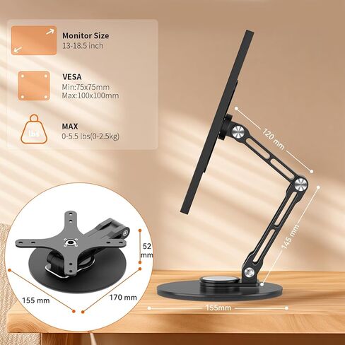 Portable Monitor Stand VESA Mount, Tilt & Rotation Joints Use Metal Hinges, Foldable Aluminum Desk Mount for 13-18.5 Inch & up to 5.5 lbs Small Monitors, Suitable for Home Office Travel (Black) in Saudi Arabia