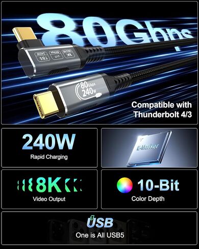 كابل USB 4 16K لكابل Thunderbolt 5 بطول 6.6 أقدام، يصل إلى 120 جيجابت في الثانية و240 وات، كابل USB C إلى USB C مجدول ممتاز بسرعة 80 جيجابت في الثانية، متوافق مع Thunderbolt 4/3، USB4، MacBook M5 Pro، iPhone 17/16/15 in Kuwait