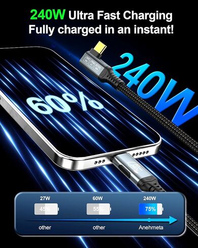 كابل USB 4 16K لكابل Thunderbolt 5 بطول 6.6 أقدام، يصل إلى 120 جيجابت في الثانية و240 وات، كابل USB C إلى USB C مجدول ممتاز بسرعة 80 جيجابت في الثانية، متوافق مع Thunderbolt 4/3، USB4، MacBook M5 Pro، iPhone 17/16/15 in Kuwait
