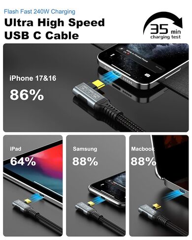 كابل USB 4 16K لكابل Thunderbolt 5 بطول 6.6 أقدام، يصل إلى 120 جيجابت في الثانية و240 وات، كابل USB C إلى USB C مجدول ممتاز بسرعة 80 جيجابت في الثانية، متوافق مع Thunderbolt 4/3، USB4، MacBook M5 Pro، iPhone 17/16/15 in Kuwait