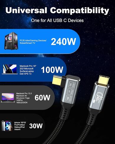 كابل USB 4 16K لكابل Thunderbolt 5 بطول 6.6 أقدام، يصل إلى 120 جيجابت في الثانية و240 وات، كابل USB C إلى USB C مجدول ممتاز بسرعة 80 جيجابت في الثانية، متوافق مع Thunderbolt 4/3، USB4، MacBook M5 Pro، iPhone 17/16/15 in Kuwait