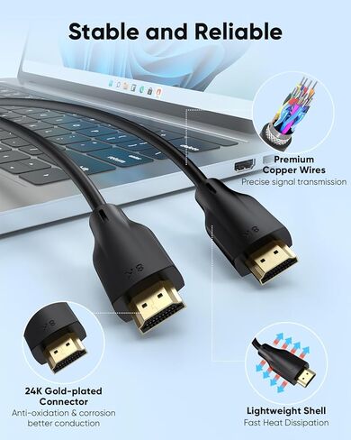 محول 4K USB C إلى HDMI + كابل HDMI 8K بطول 3 أقدام و10 حزم، سلك HDMI 2.1 فائق السرعة بسرعة 48 جيجابت في الثانية، من النوع C إلى HDMI للشاشة المتوافقة مع Thunderbolt 5/4/3 لهاتف iPhone 17/16 in Kuwait