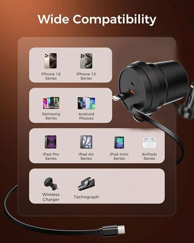 شاحن سيارة قابل للسحب 4 في 1 USB-C على شكل كوب محول شحن سريع متوافق مع iPhone 17/16/15/14/13/12 Pro Max، Pixel | هدية السفر الأساسية للرجال والنساء in Kuwait