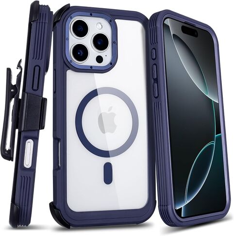 حافظة Defender لهاتف iPhone 16 Pro Max مع حافظة بمشبك حزام، متوافقة مع MagSafe، مضادة للاصفرار، غطاء هاتف كامل للجسم لهاتف iPhone 16 Pro Max (شفاف ورمادي) in Kuwait