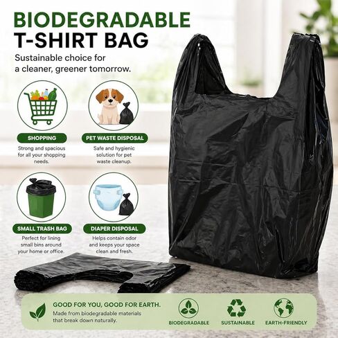 T-shirt Biodegradable Black Plastic Bags (600 ct.) Small Can Liners Grocery Size Pet Waste Bags Compatible with Arm & Hammer Swivel Bin & Rake pooper scooper (11.5" x 6.5" x 22") Multipurpose Bags in Saudi Arabia