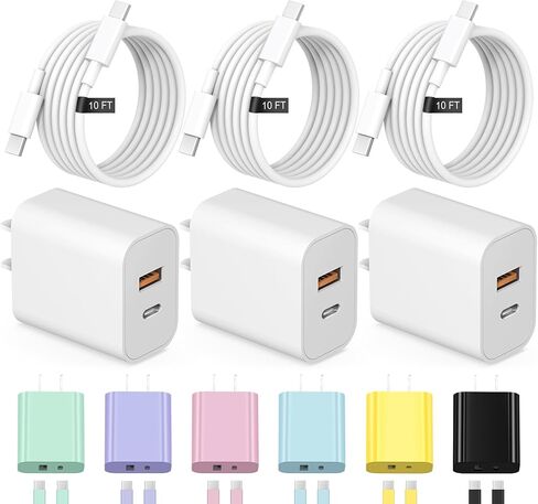 كابل شاحن iPhone 17 16 15 شحن سريع بطول 10 أقدام USB C مع كتلة منفذ مزدوج 20 وات - كابل شحن من النوع C متوافق مع iPhone 17/17 Pro/17 Pro Max/17 Air، 16/16e، 15، 3 حزم (أبيض) in Kuwait
