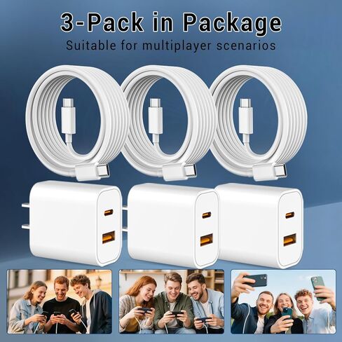 كابل شاحن iPhone 17 16 15 شحن سريع بطول 10 أقدام USB C مع كتلة منفذ مزدوج 20 وات - كابل شحن من النوع C متوافق مع iPhone 17/17 Pro/17 Pro Max/17 Air، 16/16e، 15، 3 حزم (أبيض) in Kuwait