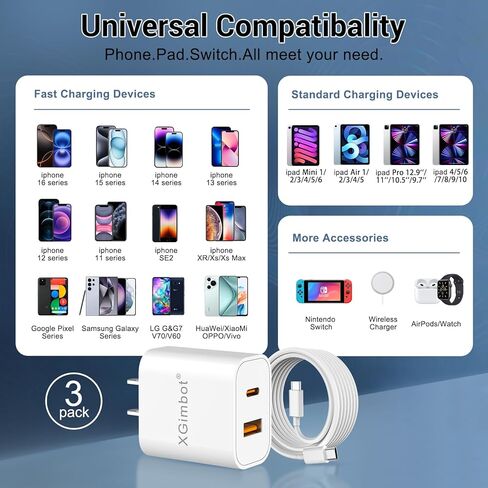 كابل شاحن iPhone 17 16 15 شحن سريع بطول 10 أقدام USB C مع كتلة منفذ مزدوج 20 وات - كابل شحن من النوع C متوافق مع iPhone 17/17 Pro/17 Pro Max/17 Air، 16/16e، 15، 3 حزم (أبيض) in Kuwait