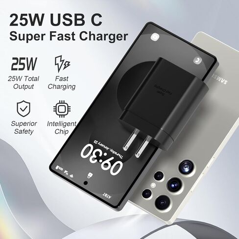 شاحن حائط سامسونج USB-C فائق السرعة - 4 محولات شاحن PD بقوة 25 وات مع كابل من النوع C (10 أقدام) لهاتف Samsung Galaxy S26 S25 S24 S23 S22 Ultra Plus S20 Note10 in Kuwait