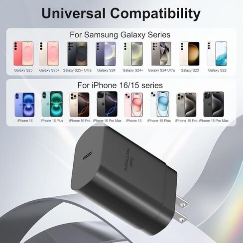 شاحن حائط سامسونج USB-C فائق السرعة - 4 محولات شاحن PD بقوة 25 وات مع كابل من النوع C (10 أقدام) لهاتف Samsung Galaxy S26 S25 S24 S23 S22 Ultra Plus S20 Note10 in Kuwait