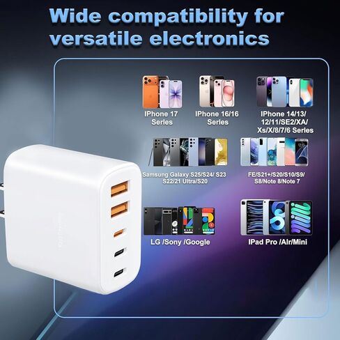 60W USB-C Fast Charging Kit (Includes Cables: 4ft + 6ft), 5-Port Wall Plug Power Adapter, Compatible with iPhone 17/16/15/Pro Max Series, iPad, Samsung S25/S24 in Kuwait
