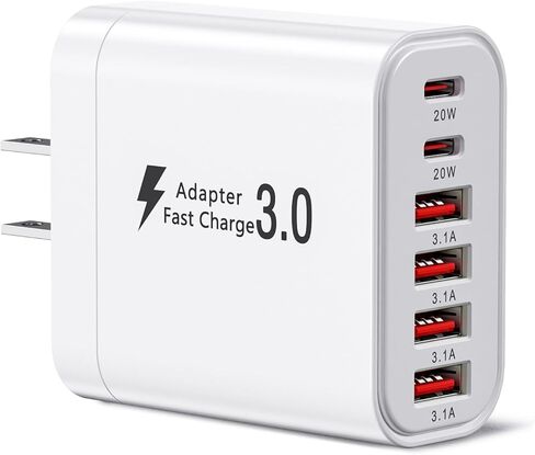 كتلة شاحن USB C، كتل شحن 6 في 1 بقدرة 50 وات، شاحن حائط سريع 20 وات نوع C و3.1 أمبير USB، محول شحن هاتف متعدد المنافذ لهاتف iPhone 17/16/15/14/13/12 Pro Max/iPad/Galaxy S25 والهواتف الأخرى in Kuwait