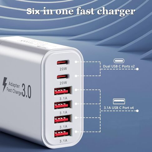 كتلة شاحن USB C، كتل شحن 6 في 1 بقدرة 50 وات، شاحن حائط سريع 20 وات نوع C و3.1 أمبير USB، محول شحن هاتف متعدد المنافذ لهاتف iPhone 17/16/15/14/13/12 Pro Max/iPad/Galaxy S25 والهواتف الأخرى in Kuwait