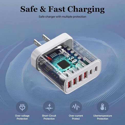 كتلة شاحن USB C، كتل شحن 6 في 1 بقدرة 50 وات، شاحن حائط سريع 20 وات نوع C و3.1 أمبير USB، محول شحن هاتف متعدد المنافذ لهاتف iPhone 17/16/15/14/13/12 Pro Max/iPad/Galaxy S25 والهواتف الأخرى in Kuwait