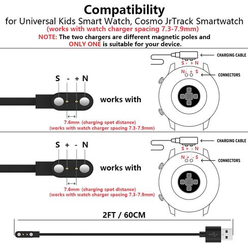 Universal Kids Smart Watch Charger, 2-Pin 7.62mm Magnetic USB Charging Cable [Model A + Model B, One Fit Only], Replacement Charger Cord Compatible with Cosmo JrTrack Kid’s Smartwatch in Saudi Arabia