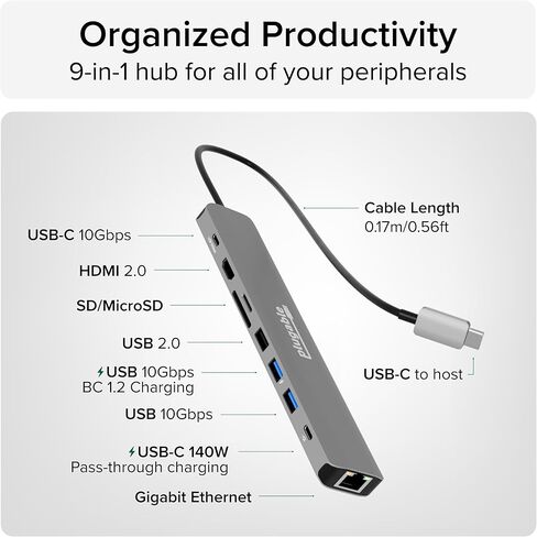 USB-C Power & Connectivity Bundle: Plugable 9-in-1 USB-C Hub + 140W GaN Charger + 240W USB4 Cable | 4K/8K Display, 10Gbps Data, Ethernet, 140W PD in Saudi Arabia