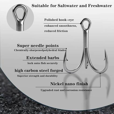 50pcs High Carbon Steel Fishing Treble Hooks - Super Sharp Solid Triple Barbed 3X Strong Professional V Design, Size 4/6/8/10/12/14, Saltwater and Freshwater Replacement Hooks in Saudi Arabia