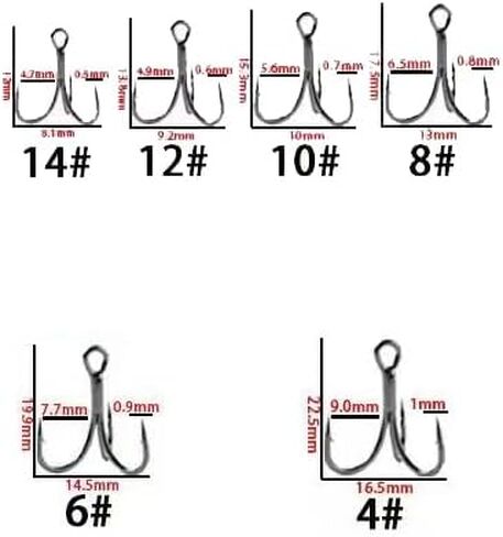50pcs High Carbon Steel Fishing Treble Hooks - Super Sharp Solid Triple Barbed 3X Strong Professional V Design, Size 4/6/8/10/12/14, Saltwater and Freshwater Replacement Hooks in Saudi Arabia