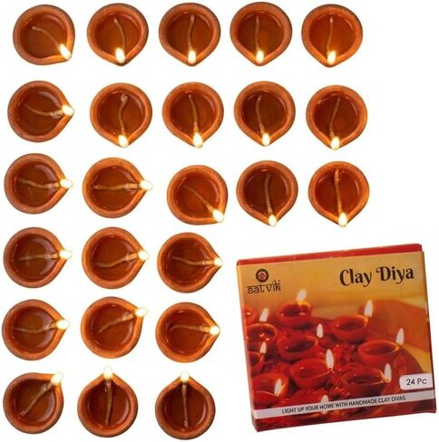 SATVIK Clay Diya 25 Pc Set Diwali Dia with Cotton Wicks for Puja Pooja Traditional Handmade Terracotta Earthen Vilakku Oil Lamp Diyas Natural Mitti Welcome Deepawali Decoration Indian Gift Items in Saudi Arabia