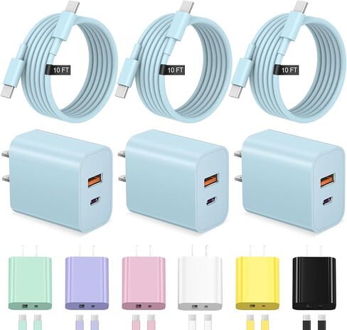 كابل شاحن iPhone 17 16 15 شحن سريع بطول 10 أقدام USB C مع كتلة منفذ مزدوج 20 وات - كابل شحن من النوع C متوافق مع iPhone 17/17 Pro/17 Pro Max/17 Air، 16/16e، 15، 3 حزم (أبيض) in Kuwait