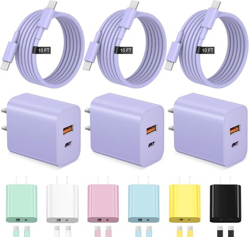 كابل شاحن iPhone 17 16 15 شحن سريع بطول 10 أقدام USB C مع كتلة منفذ مزدوج 20 وات - كابل شحن من النوع C متوافق مع iPhone 17/17 Pro/17 Pro Max/17 Air، 16/16e، 15، 3 حزم (أبيض) in Kuwait