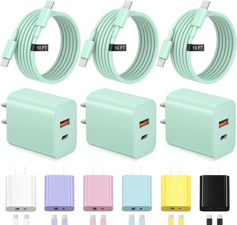 كابل شاحن iPhone 17 16 15 شحن سريع بطول 10 أقدام USB C مع كتلة منفذ مزدوج 20 وات - كابل شحن من النوع C متوافق مع iPhone 17/17 Pro/17 Pro Max/17 Air، 16/16e، 15، 3 حزم (أبيض) in Kuwait