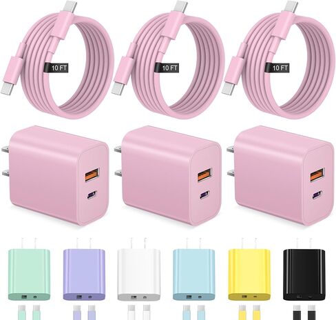 كابل شاحن iPhone 17 16 15 شحن سريع بطول 10 أقدام USB C مع كتلة منفذ مزدوج 20 وات - كابل شحن من النوع C متوافق مع iPhone 17/17 Pro/17 Pro Max/17 Air، 16/16e، 15، 3 حزم (أبيض) in Kuwait