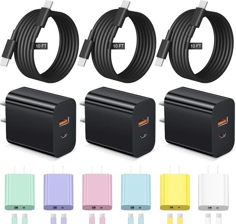 كابل شاحن iPhone 17 16 15 شحن سريع بطول 10 أقدام USB C مع كتلة منفذ مزدوج 20 وات - كابل شحن من النوع C متوافق مع iPhone 17/17 Pro/17 Pro Max/17 Air، 16/16e، 15، 3 حزم (أبيض) in Kuwait