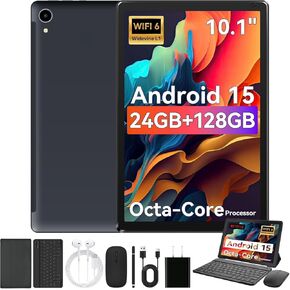Tablet,10.1" Android 15 Tablet with Octa-core Processor 24GB RAM 128GB ROM HD IPS Touchscreen 8H Battery, Wi-Fi 6, BT 5.0, Dual Camera, Android 15 Tablets with Keyboard Mouse Stylus Case Headphone in Saudi Arabia
