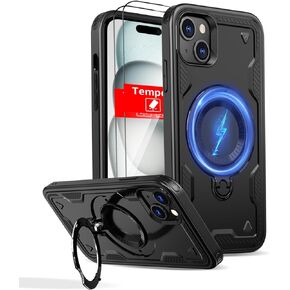for iPhone 16 Pro Max Case Magnetic Compatible with MagSafe,with 2 Tempered Glass Screen Protectors,Built-in Kickstand Ring,Phone Heavy Duty Protection Military Grade Shockproof Rugged Red in Kuwait