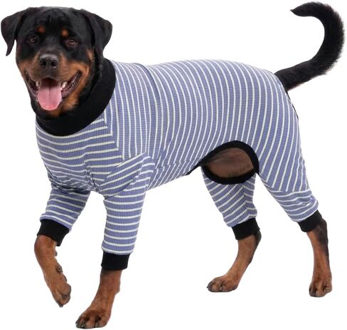 ملابس LovinPet Dog PJS للكلاب العملاقة - قميص للكلاب مخطط باللونين الأزرق والأصفر، تصميم بأربعة أرجل، تغطية كاملة للجسم، للكلاب الكبيرة، سلالات الكلاب الكبيرة، مقاس كبير in Saudi Arabia