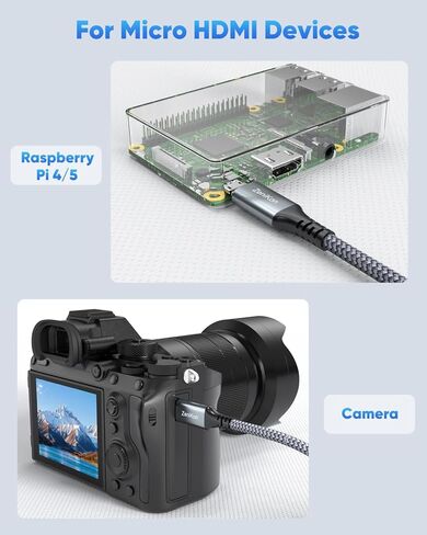 كابل Micro HDMI إلى Micro HDMI بطول 6 أقدام، كابل HDMI Micro إلى HDMI Micro مضفر 4K@60 هرتز، 2K@120 هرتز، 1080P، HDR، 18 جيجابت في الثانية، ثلاثي الأبعاد، ARC لـ Raspberry Pi 5/4، كاميرا، كاميرا فيديو، كمبيوتر لوحي، بطاقة التقاط الفيديو in Kuwait