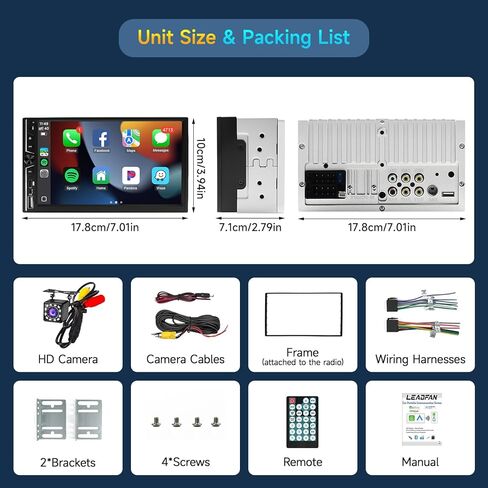 Leadfan Wireless Double Din Car Stereo with Apple Carplay, 7inch Touchscreen Double Din Radio Car Audio Receivers with Android Auto, Bluetooth, Backup Camera, SWC, FM, USB, Subwoofers in Saudi Arabia
