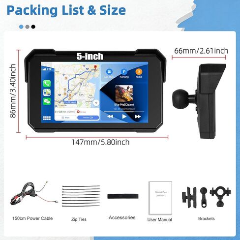 GPS CarPlay 5" IPS Motorcycle CarPlay Screen for Motorcycle with A-pple Wireless CarPlay & Android Auto, IP68 Waterproof, Supports Bluetooth,Navigation,S-IRI/G-oogle Assistant,Vioce Control, Bracket in Saudi Arabia